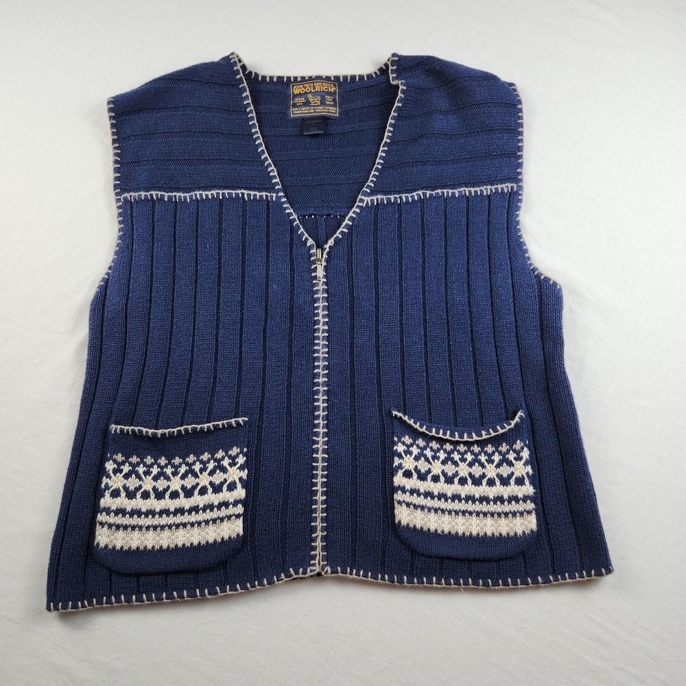 Woolrich Womens Navy Blue Ribbed 3/4 Zip Vest Fair Isle Pockets Stitch Trim L